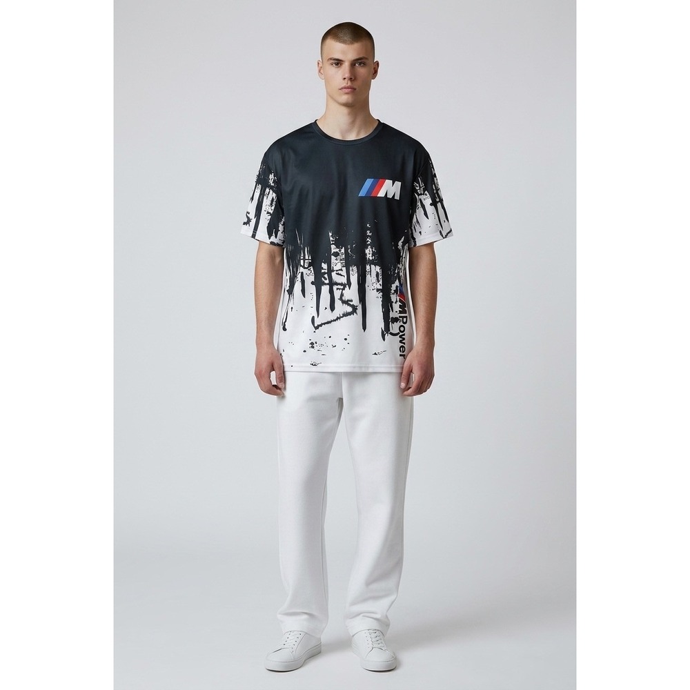 BMW M Power Performance T-Shirt Black White Paint Drip Graphic Racing XL